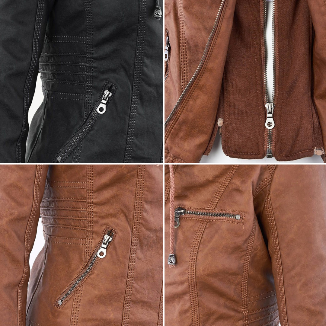 Women's Faux Leather Jacket with Drawstring Hood and Zip