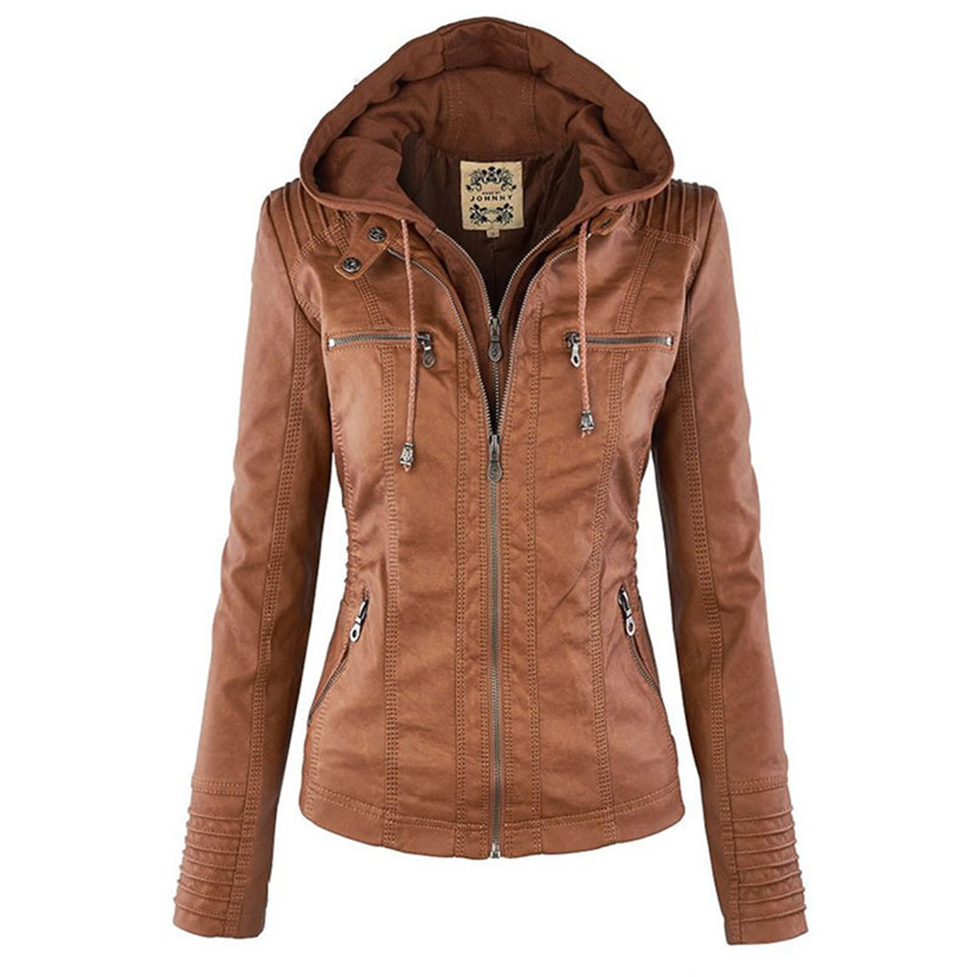 Women's Faux Leather Jacket with Drawstring Hood and Zip