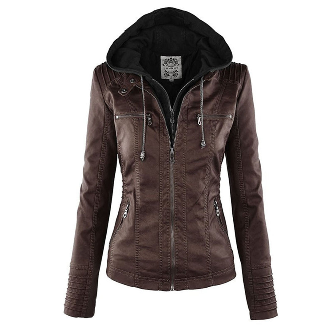 Women's Faux Leather Jacket with Drawstring Hood and Zip