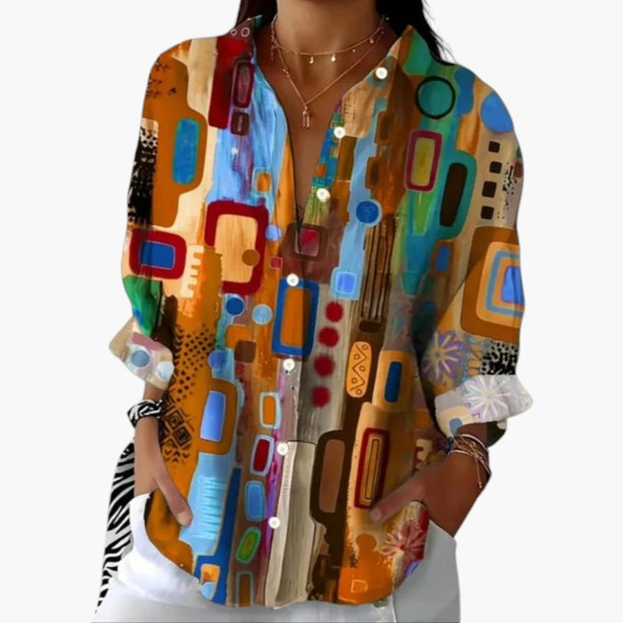 Damesblouse met open voorkant, lange mouwen, tunieklengte en bedrukte stof