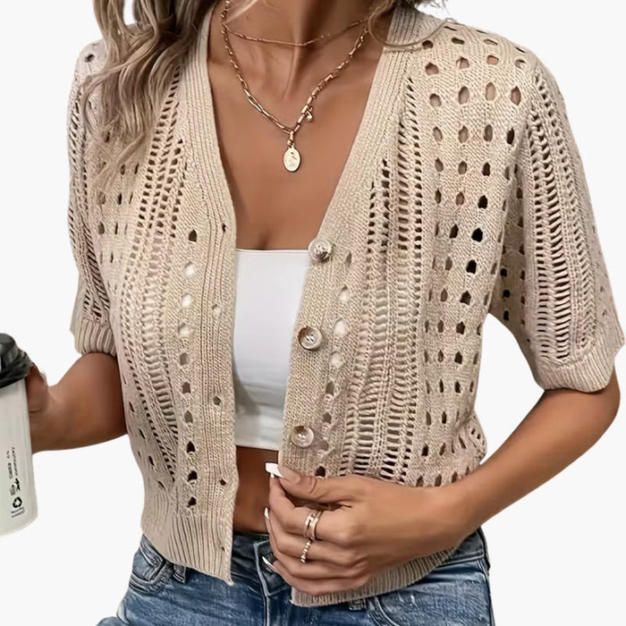 Damen-Cardigan mit Lochstrick und kurzen Ärmeln