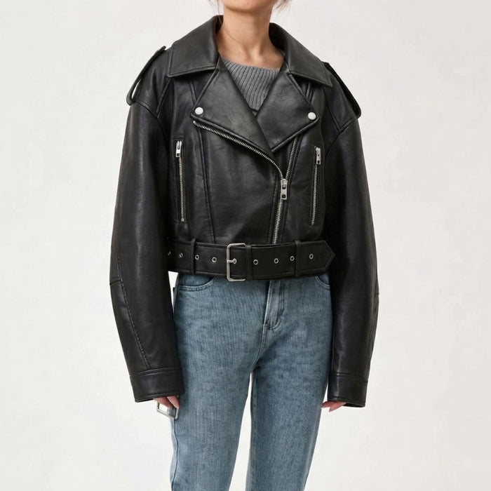 Veste de motard courte pour femme, ceinturée, à fermeture éclair sur le devant