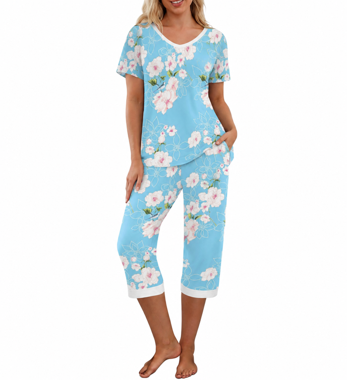 Set pigiama da donna floreale con top con scollo a V e pantaloni capri