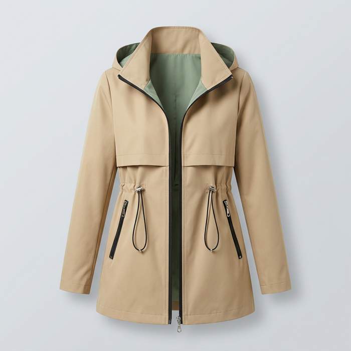 Giacca trench con cappuccio da donna, fodera a contrasto e tasche con cerniera