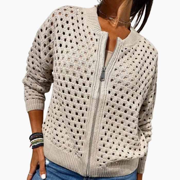 Gestrickter Damen-Cardigan mit Reißverschluss und Lochstrickdetails