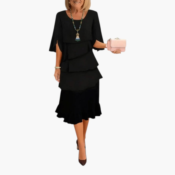 Women's Midi Dress with Split Sleeves and Ruffle Details