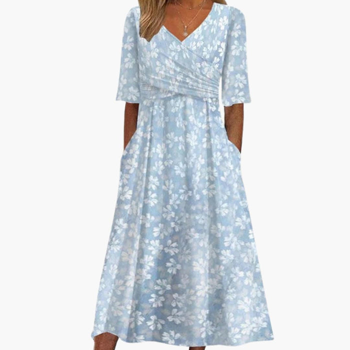 Robe midi pour femme avec col en V et poches latérales