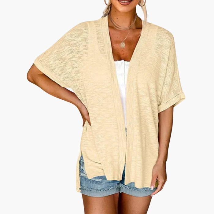 Women's Open Front Cardigan with Short Sleeves and Extended Length
