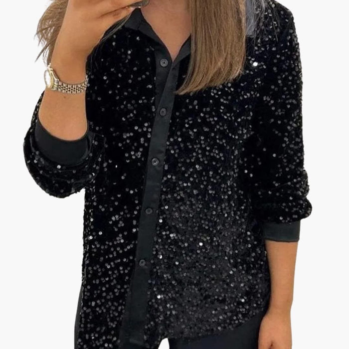 Camicia da donna con paillettes, collo a camicia e chiusura con bottoni