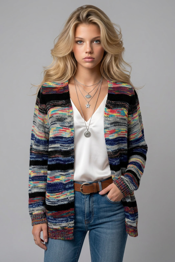 Stripete cardigan for kvinner med åpen front og lange ermer