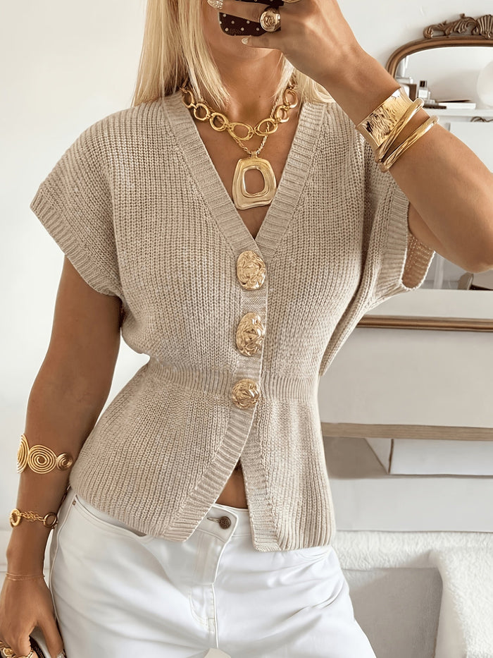Damen-Cardigan mit Knopfleiste, kurzen Ärmeln und V-Ausschnitt
