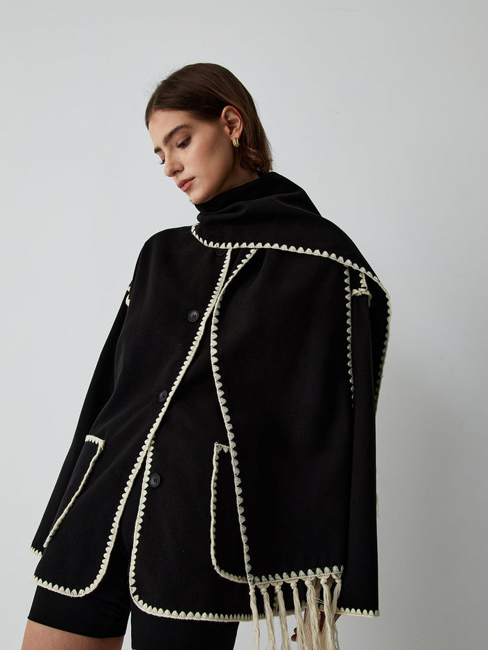 Women's Cape Coat with Contrast Trim and Scarf
