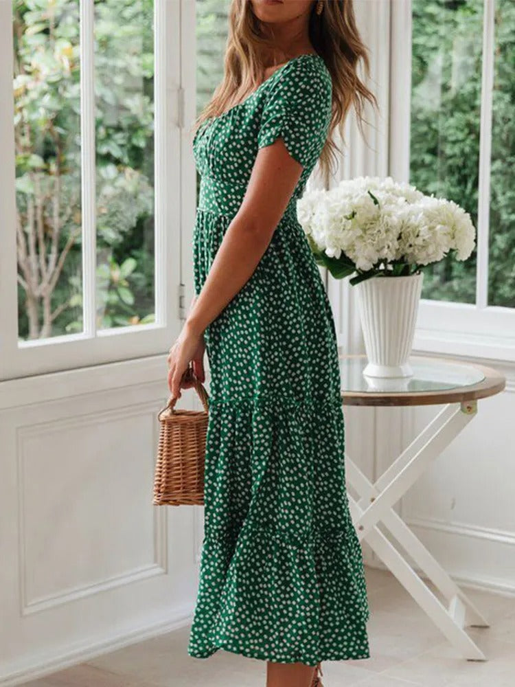 Women Floral Maxi dress with Puff sleeves &amp; Square Neck - Summery Comfort
