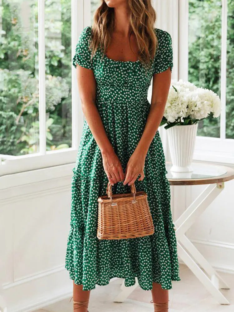 Women Floral Maxi dress with Puff sleeves &amp; Square Neck - Summery Comfort