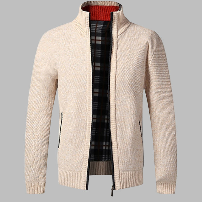 Men's Zip-Up Cardigan with Stand Collar and Ribbed Hem