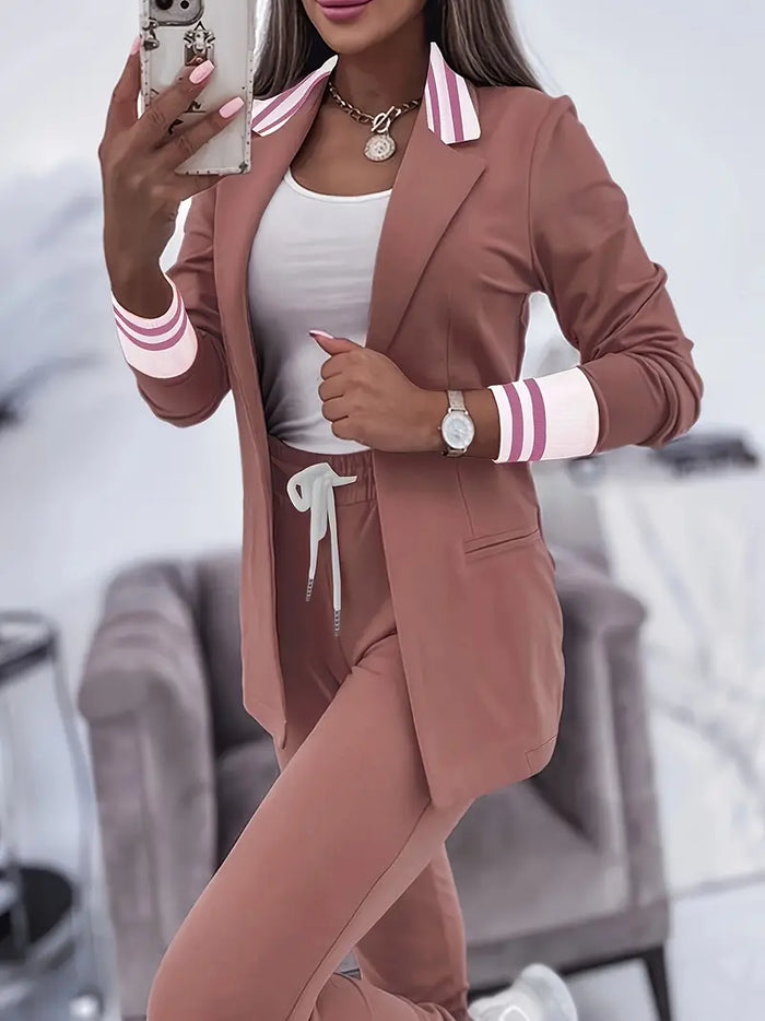 Women's Striped Blazer and Trouser Set with Drawstring