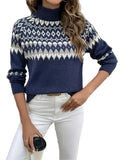 Women Turtleneck Ullgenser – Geometric Pattern & Ribbede Kanter