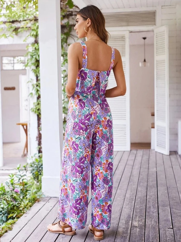 Women flower pressure back relaxed romper - elegant and breathable comfort