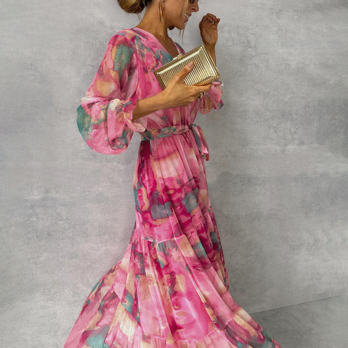 Women's Long Sleeve Maxi Wrap Dress with Tie Waist for Parties