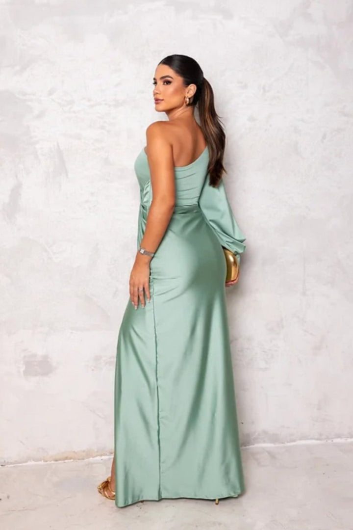 Elegant Woman Satin Dress with One Sleeve