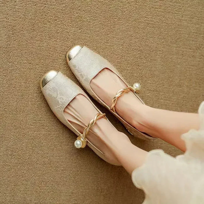 Women's Mary Jane Shoes Pearl Strap Low Block Heel