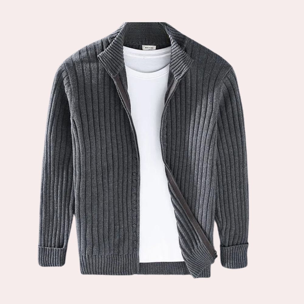 Men's Knitted Zip-Up Cardigan with Ribbed Details for Smart Casual