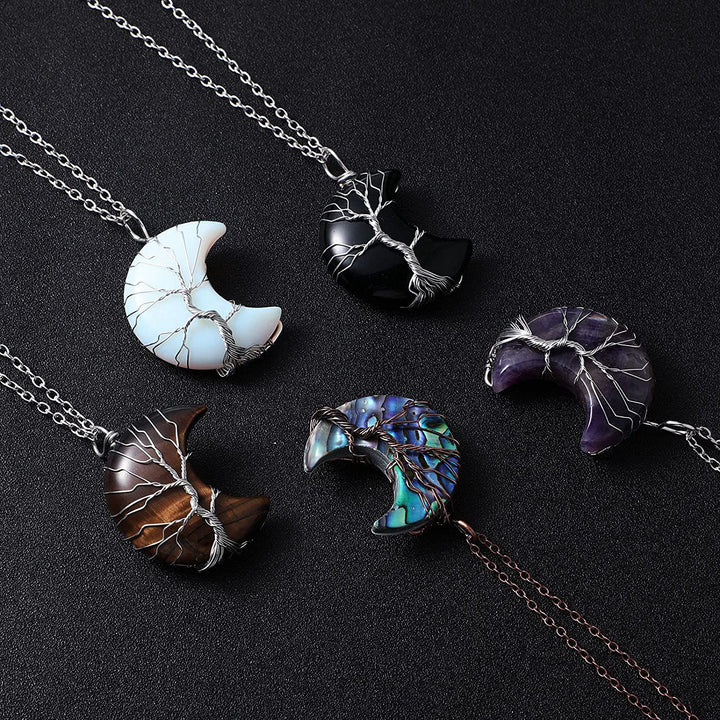 Tree of Life and Crescent Moon Crystal Necklace