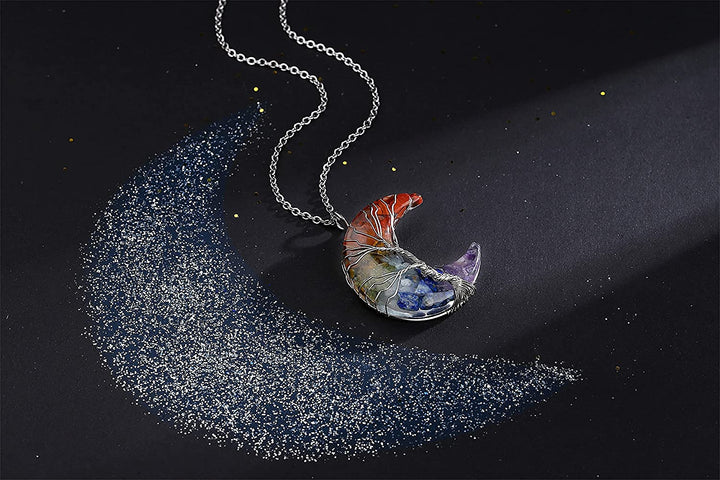 Tree of Life and Crescent Moon Crystal Necklace