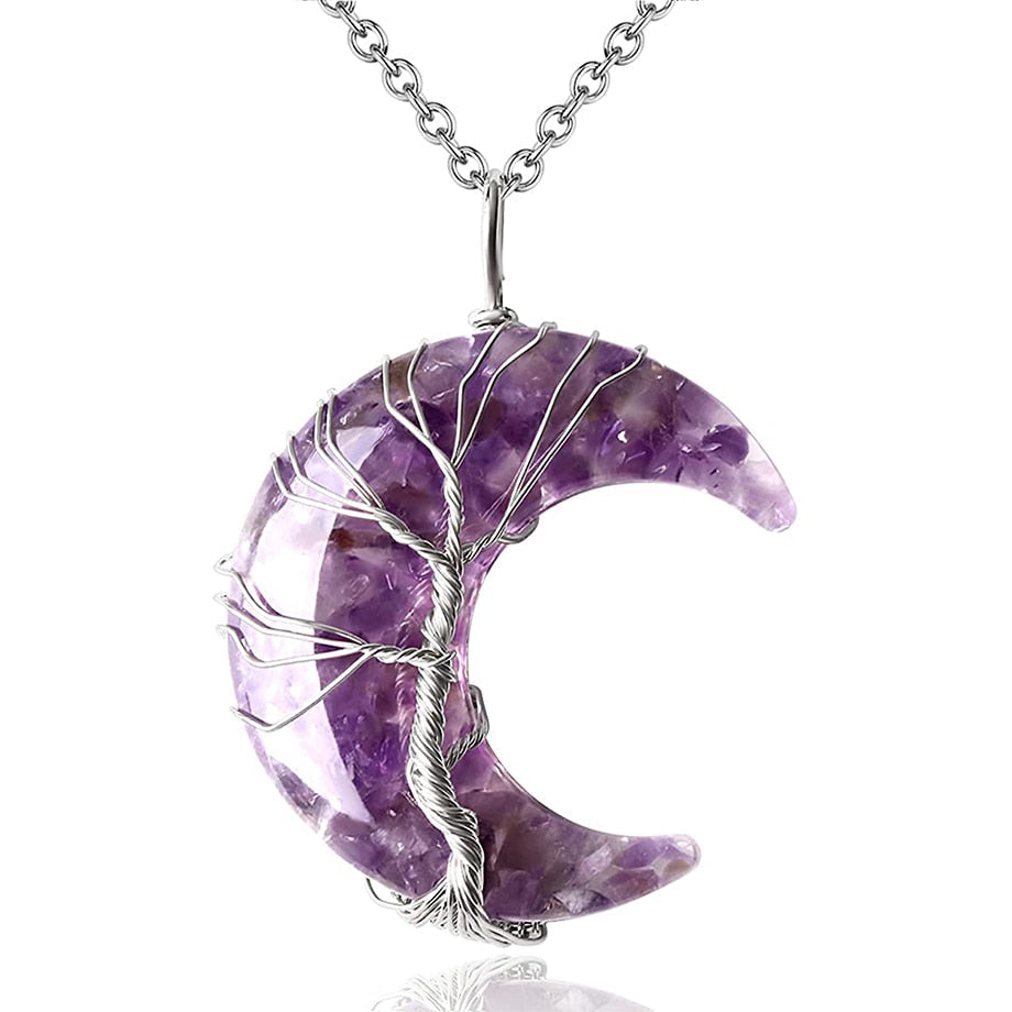Tree of Life and Crescent Moon Crystal Necklace