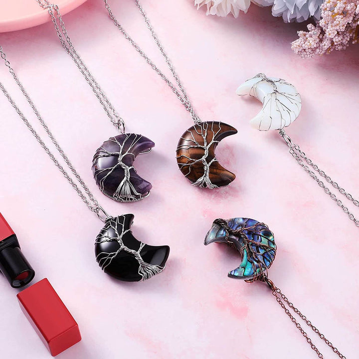 Tree of Life and Crescent Moon Crystal Necklace