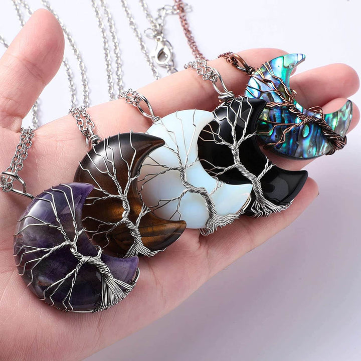 Tree of Life and Crescent Moon Crystal Necklace