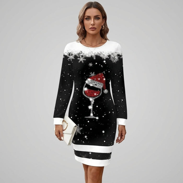 Kerstjurk van sweaterstof voor dames met feestelijke print