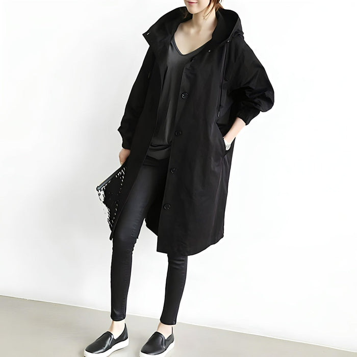 Trench con cappuccio da donna e chiusura frontale con bottoni