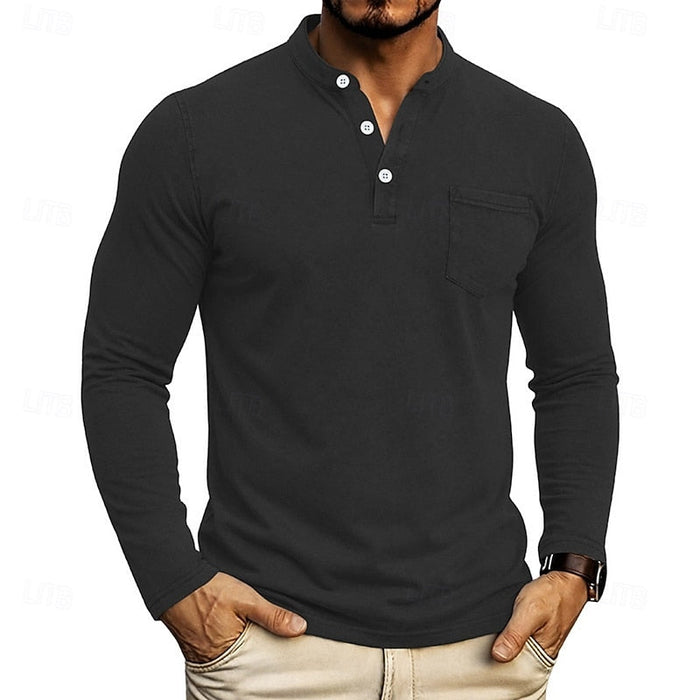 Camisa Henley de manga larga para hombre con bolsillo en el pecho