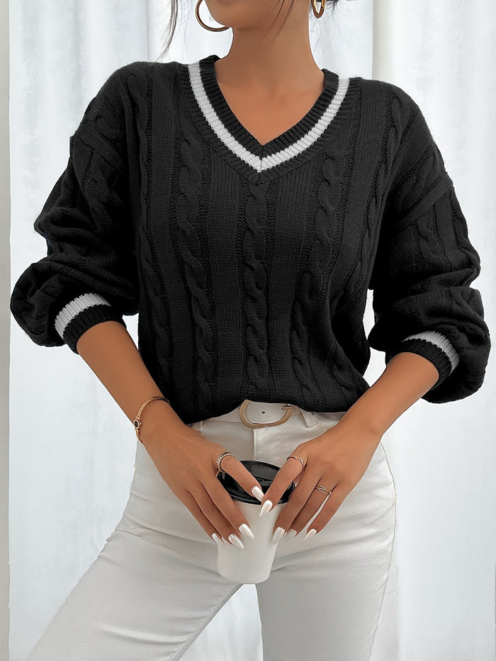 Women's Cable-Knit Jumper with V-Neck and Striped Trim