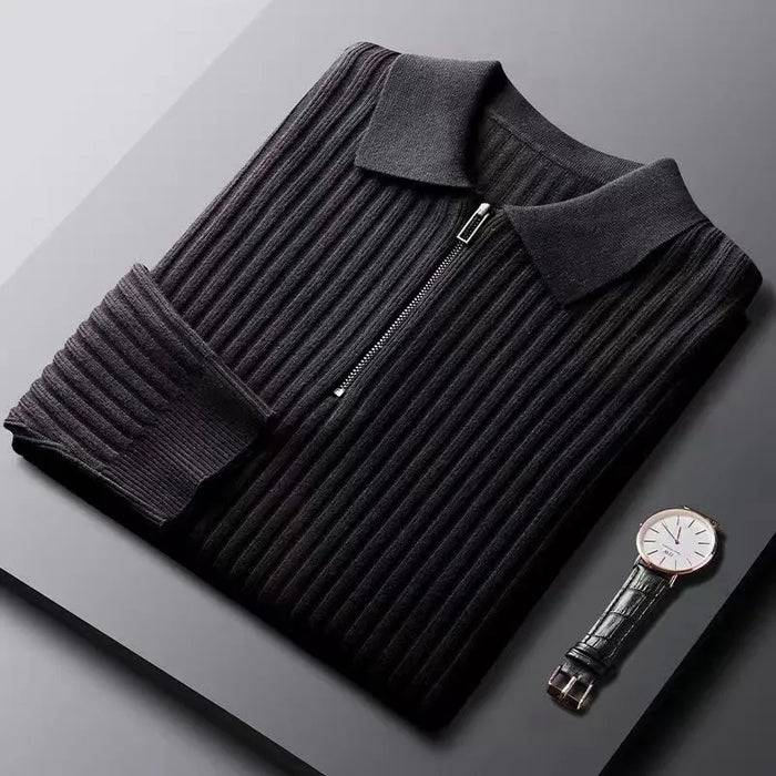 Maglione polo da uomo a coste con mezza zip e maniche lunghe