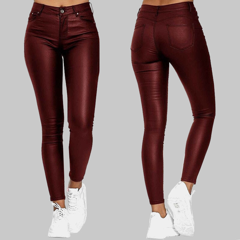 Women's High Waist Skinny Faux Leather Trousers with Stretch