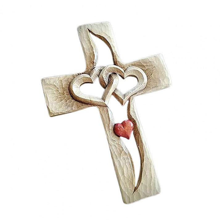 Carved Wooden Cross with Intertwined Hearts