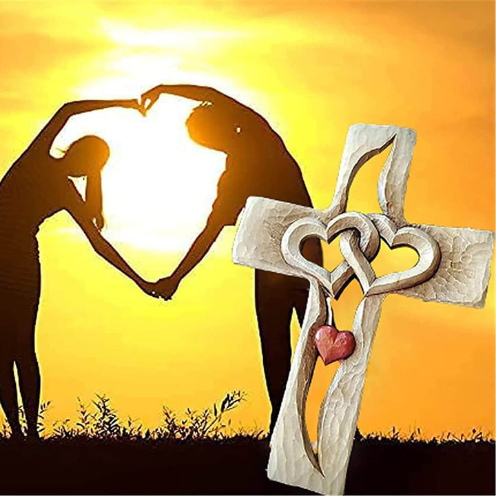 Carved Wooden Cross with Intertwined Hearts