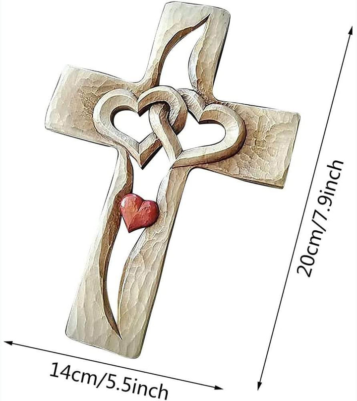 Carved Wooden Cross with Intertwined Hearts