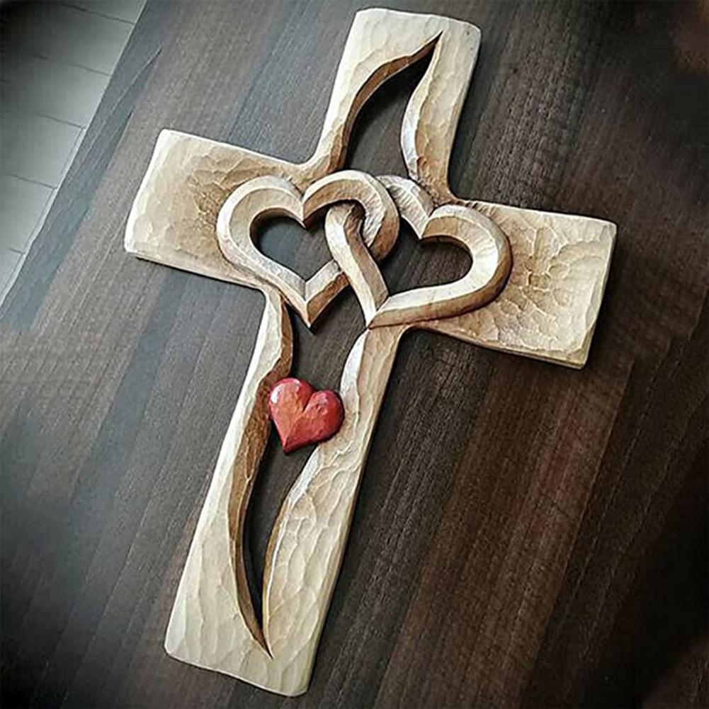 Carved Wooden Cross with Intertwined Hearts