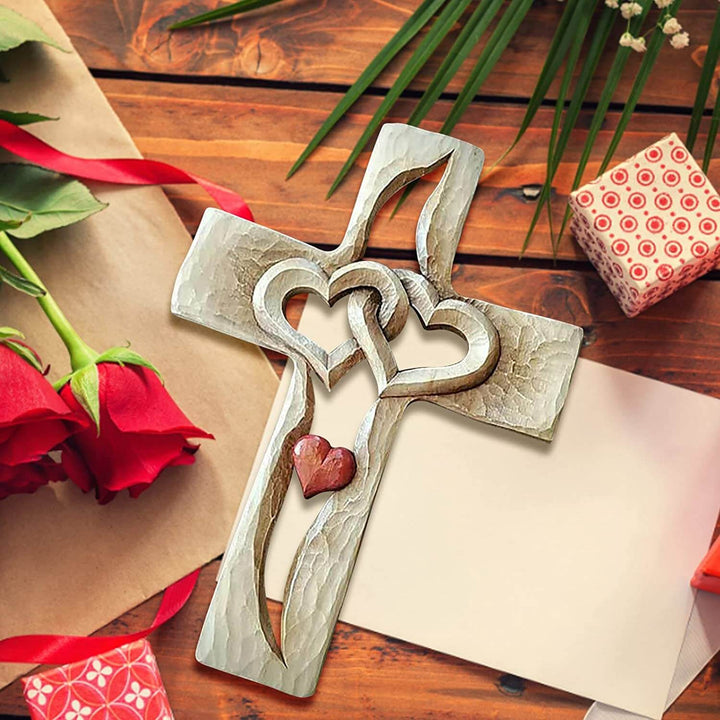 Carved Wooden Cross with Intertwined Hearts