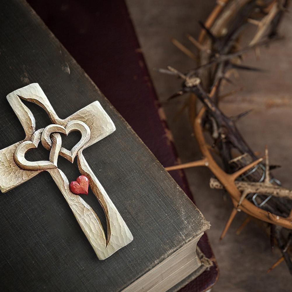 Carved Wooden Cross with Intertwined Hearts