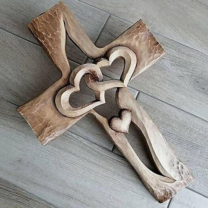 Carved Wooden Cross with Intertwined Hearts