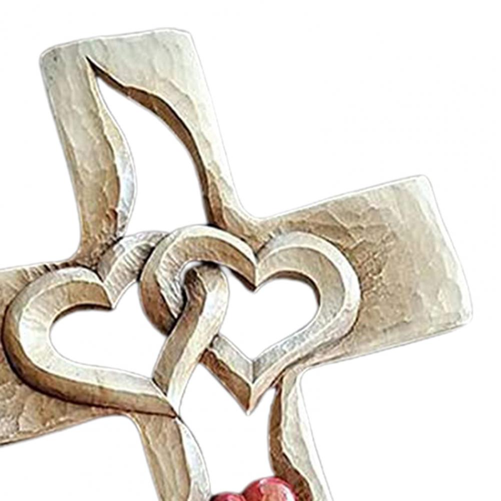 Carved Wooden Cross with Intertwined Hearts