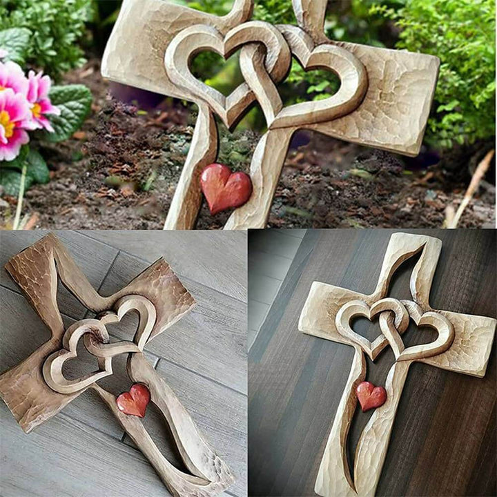 Carved Wooden Cross with Intertwined Hearts