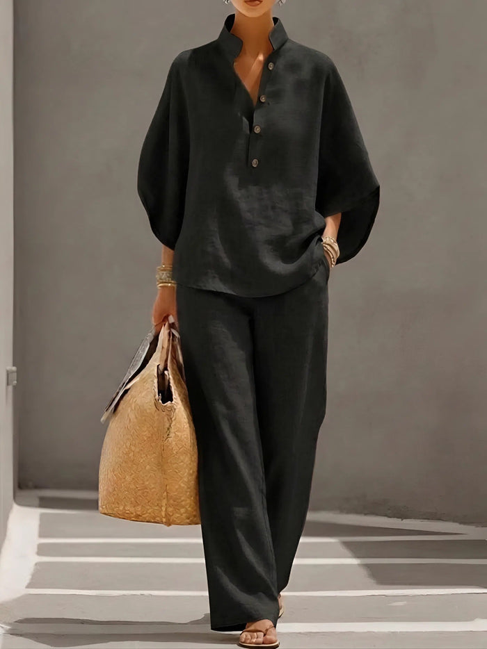 Damen-Set aus Stehkragen-Tunika und Hose mit weitem Bein