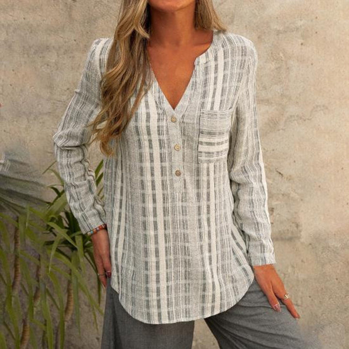 Striped Long-sleeved Blouse - V-Neck | Casually Suits