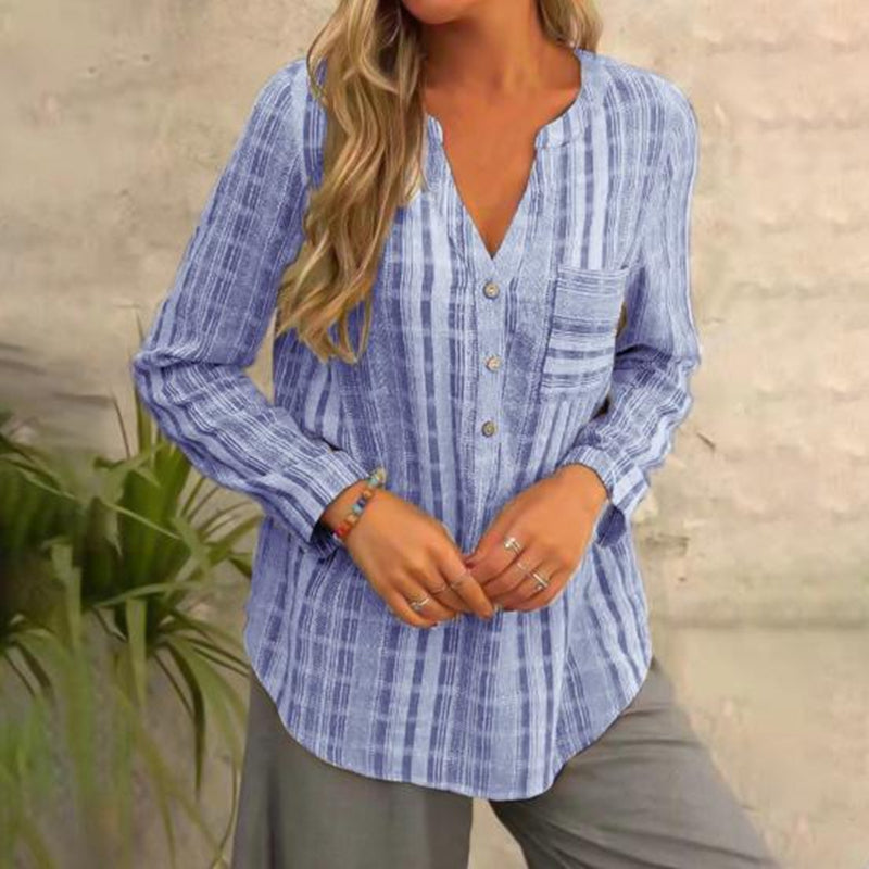 Striped Long-sleeved Blouse - V-Neck | Casually Suits