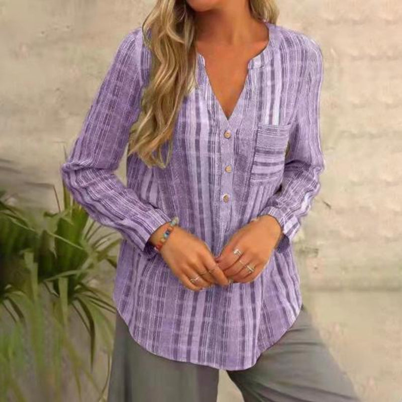 Striped Long-sleeved Blouse - V-Neck | Casually Suits